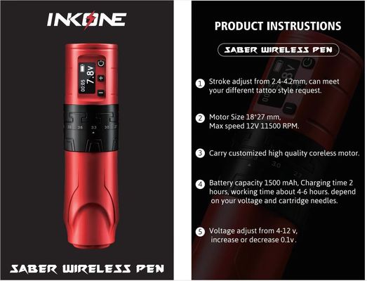 1500mAh Wireless Tattoo Gun INKONE SABER Coreless Tattoo Machine Pen Powerful Motor Long Stroke 4.2mm Aircraft Aluminum supplier